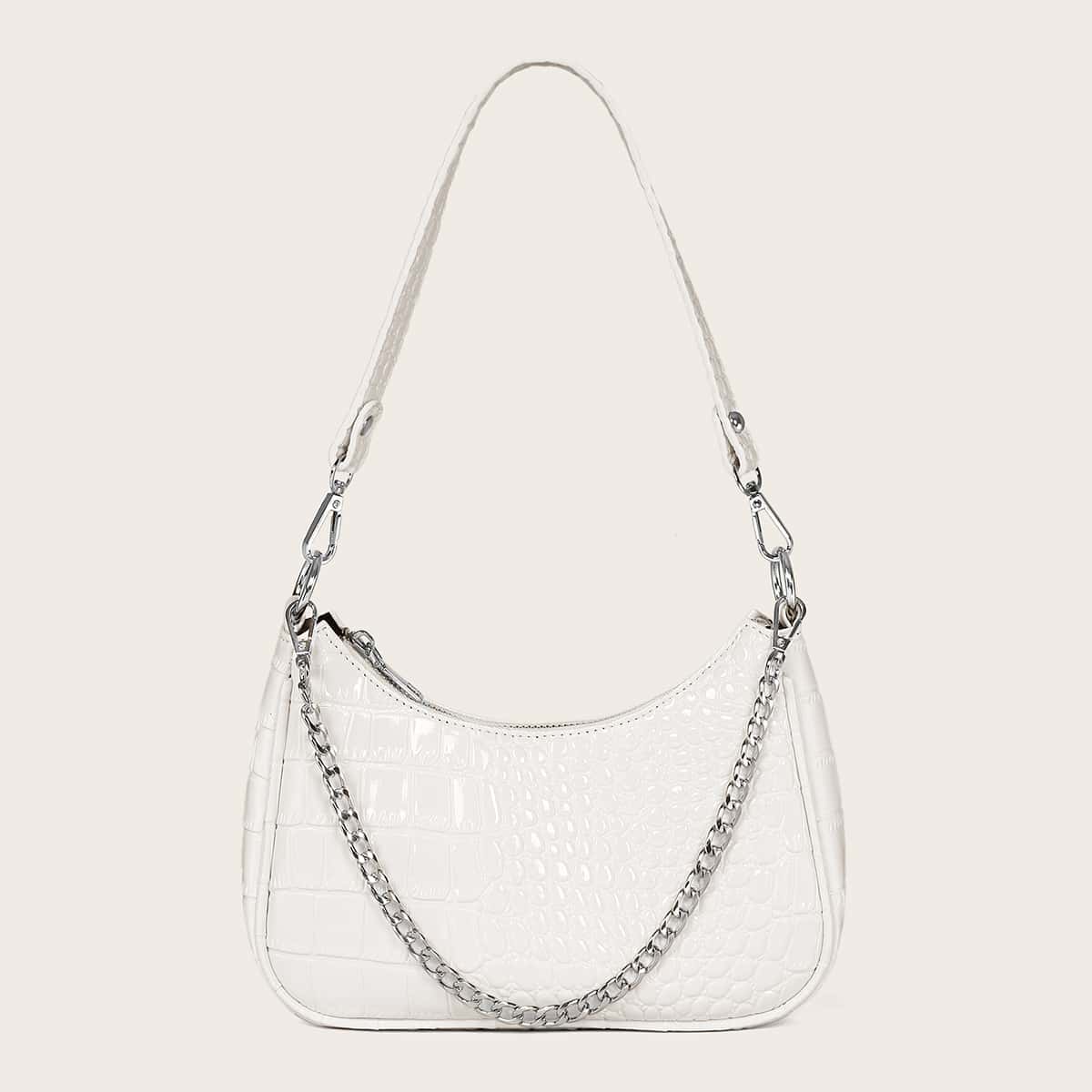 

Croc Embossed Chain Baguette Bag, White