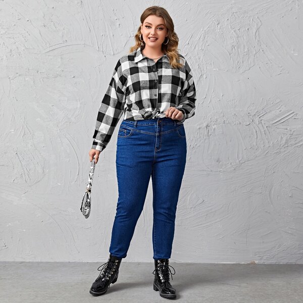 

Plus Buffalo Plaid Drop Shoulder Blouse, Black and white