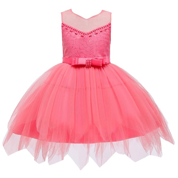 

Toddler Girls Pearls Bow Front Mesh Panel Gown Dress, Coral pink