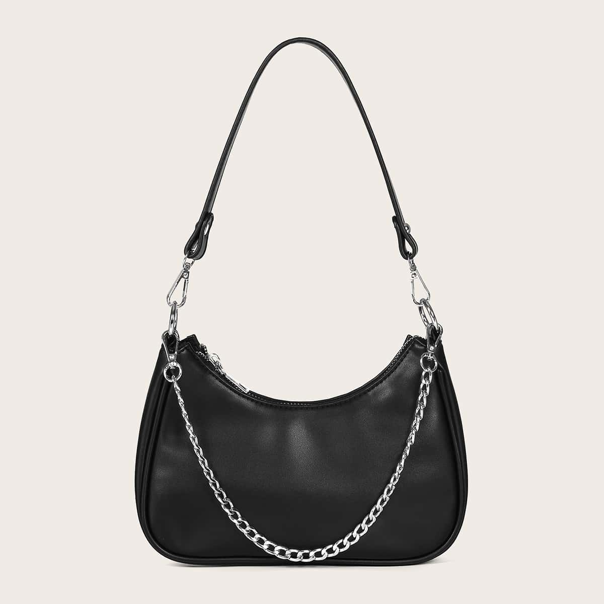 

Minimalist Chain Baguette Bag, Black
