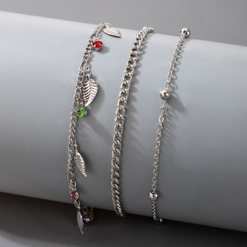 

3pcs Rhinestone Leaf Chain Anklet, Silver