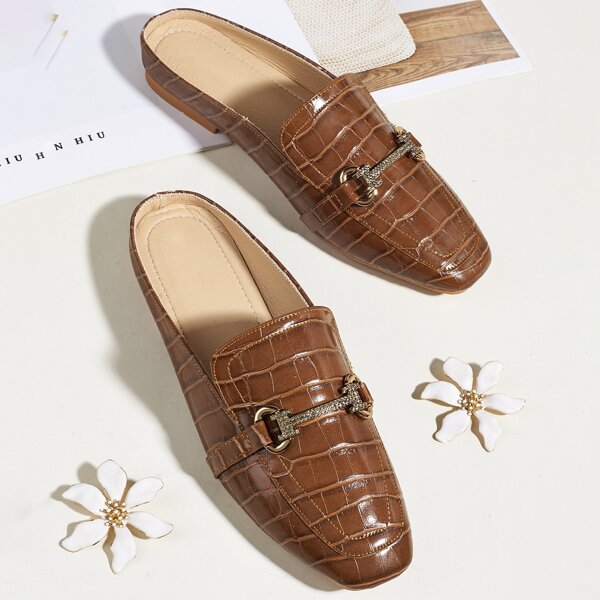 

Horsebit Decor Croc Embossed Loafer Mules, Coffee brown