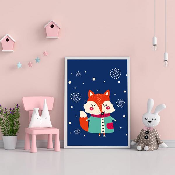 

Kids Cartoon Fox Wall Painting Without Frame, Blue