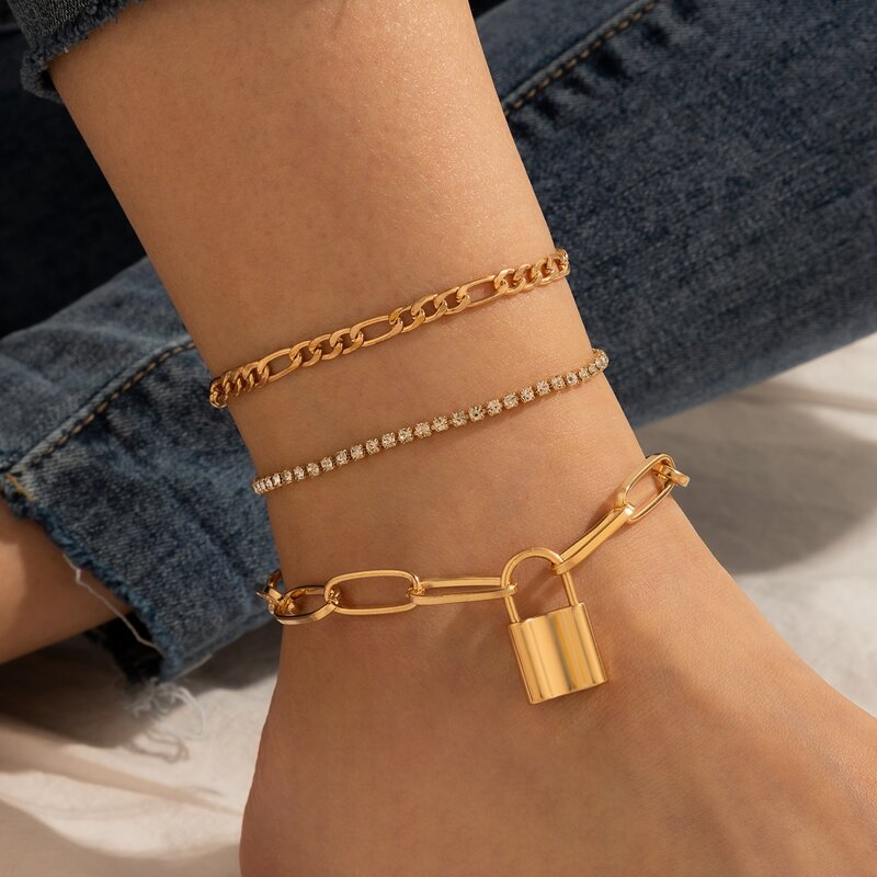 

3pcs Rhinestone Lock Chain Anklet, Gold