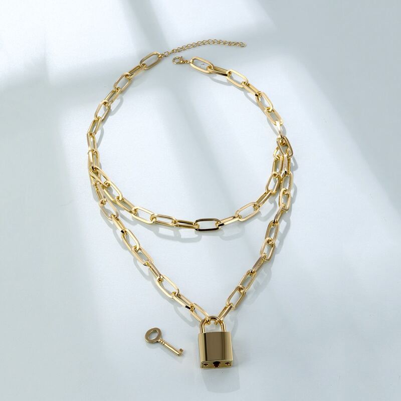 

Lock & Key Layered Chain Necklace, Gold