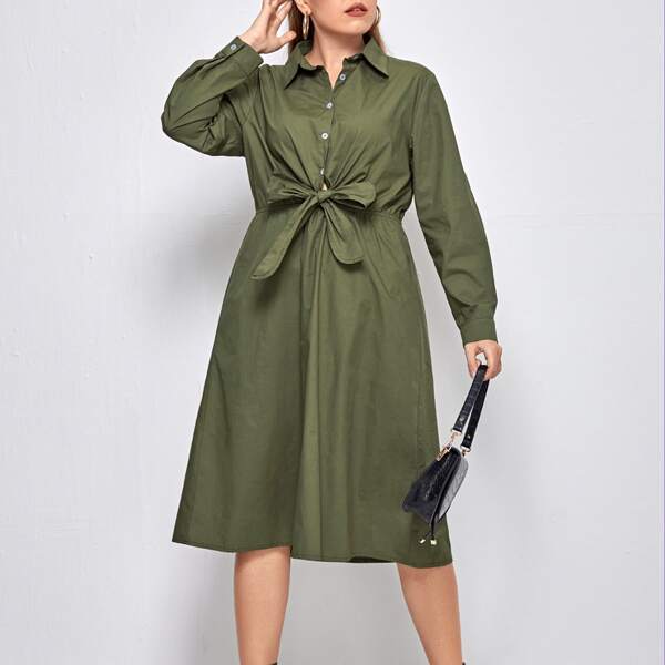 

Plus Tie Front Half Button Shirt Dress, Army green