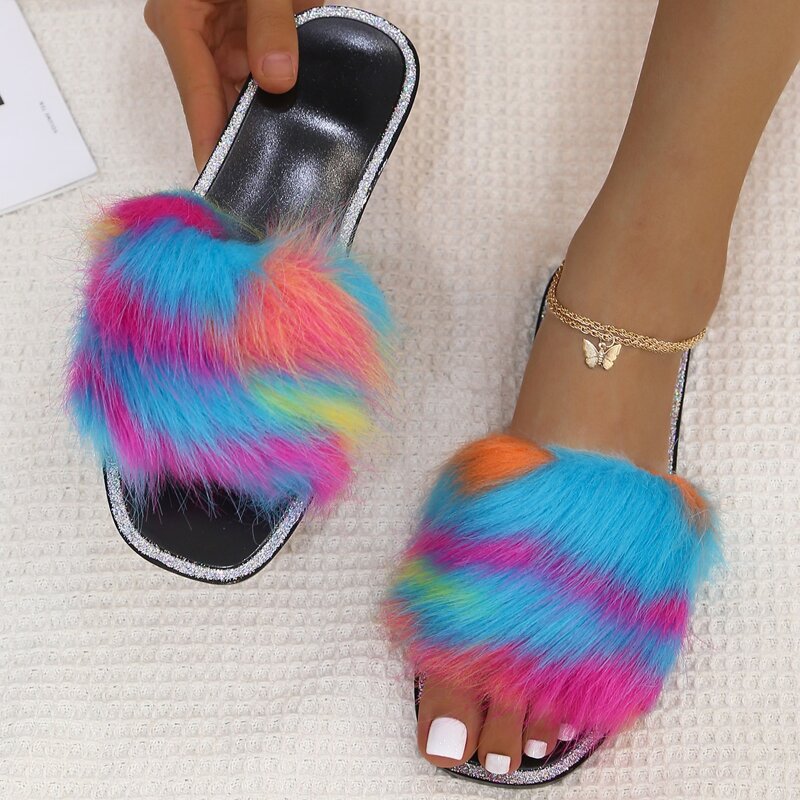 

Color Block Faux Fur Slides, Multicolor