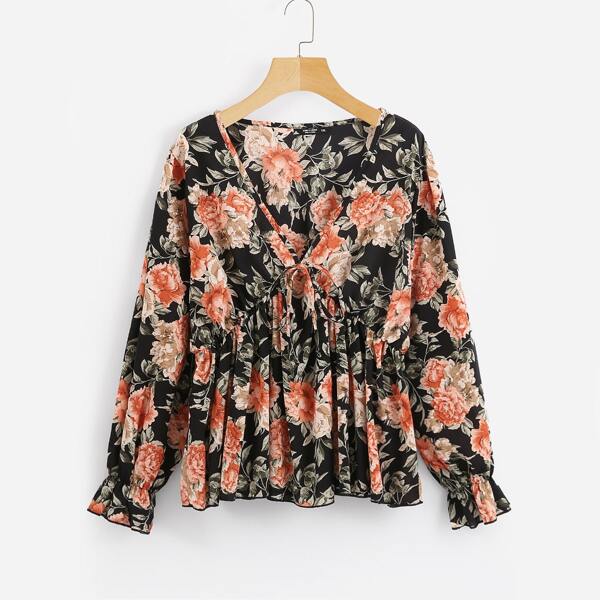 

Plus Flower Print Knot Front Babydoll Blouse, Multicolor