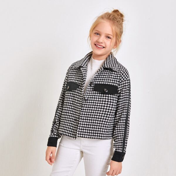 

Girls Flap Detail Houndstooth Jacket, Black and white