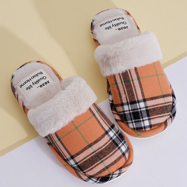 

Tartan Graphic Fluffy Slippers, Orange