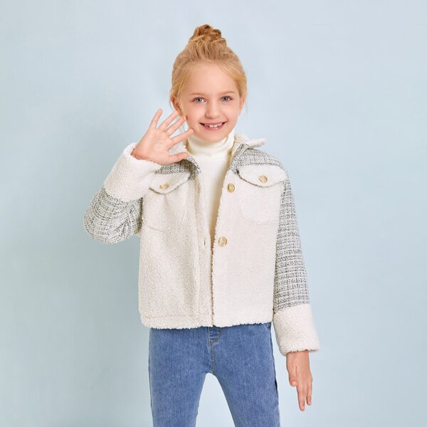 

Girls Tweed Panel Flap Pocket Patched Teddy Jacket, Beige