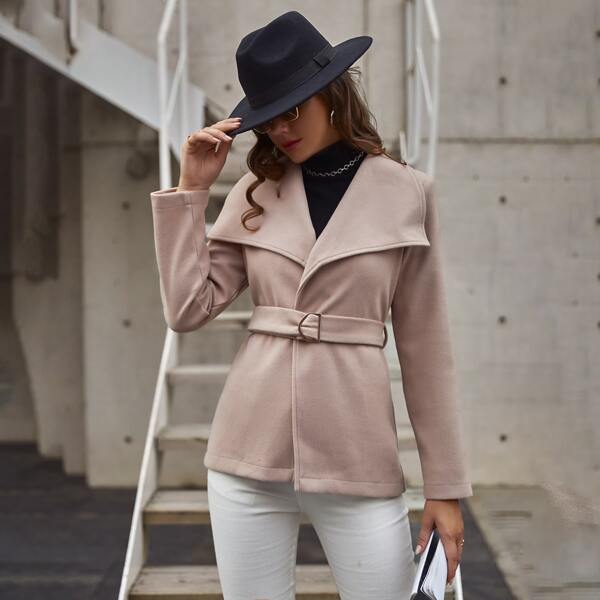 

Solid Waterfall Collar Belted Overcoat, Apricot