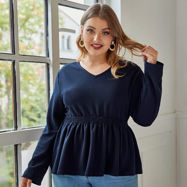 

Plus V-neck Shirred Waist Peplum Blouse, Navy blue
