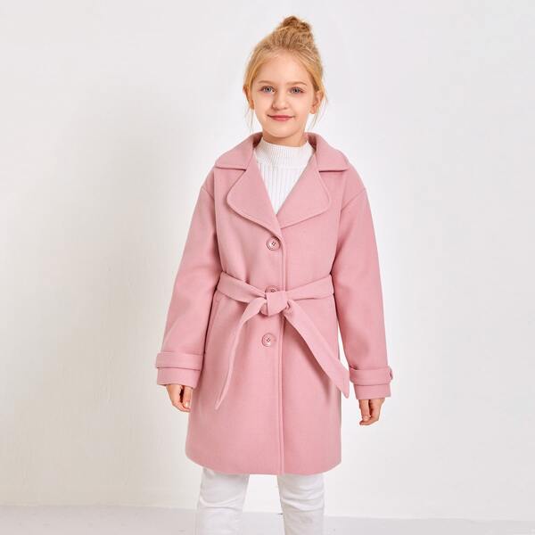 

Girls Notch Collar Self Belted Overcoat, Baby pink