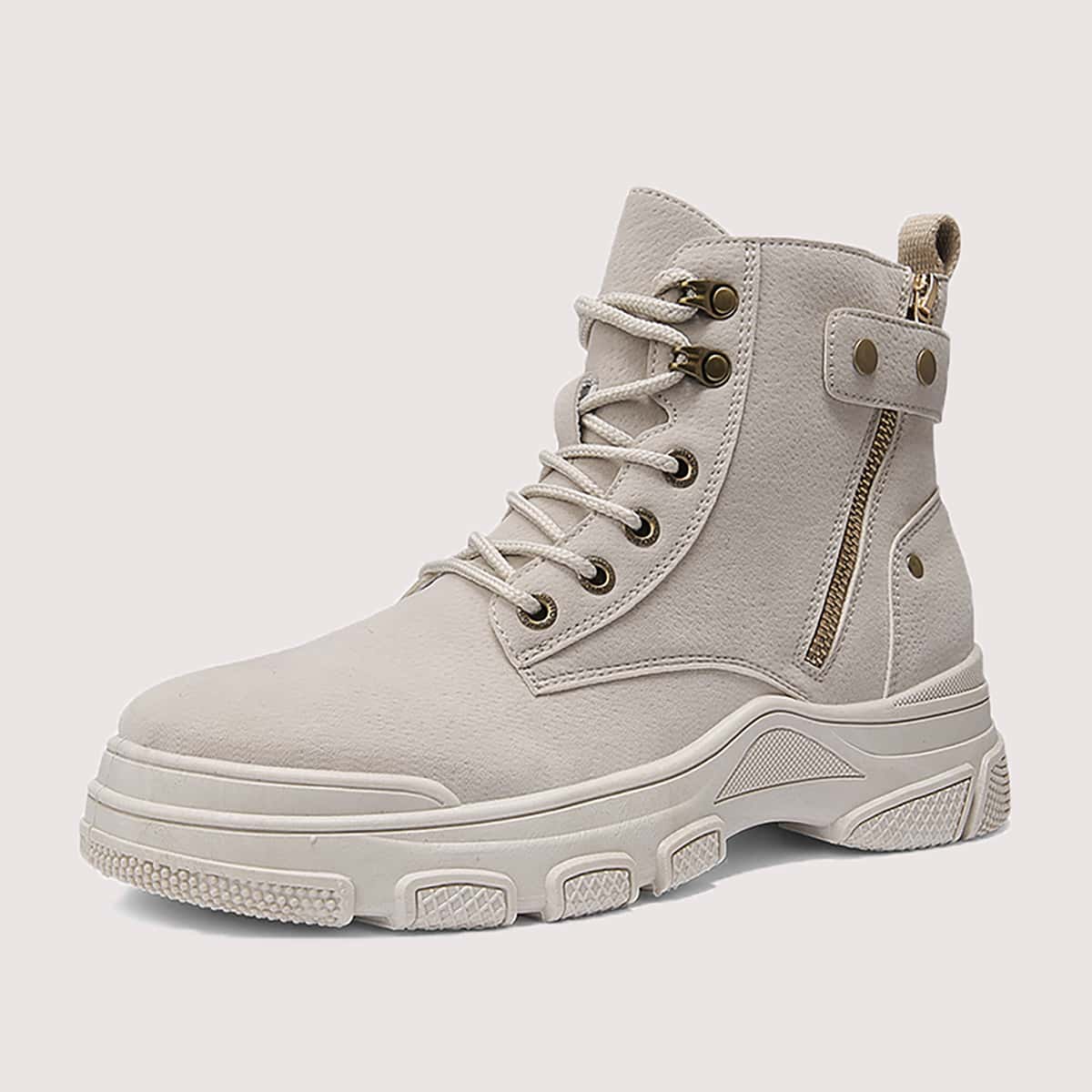 

Guys Zip Decor Lace-up Front Ankle Boots, Beige