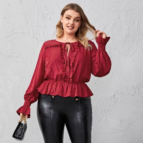 

Plus Tie Neck Frill Trim Peplum Blouse, Rose red