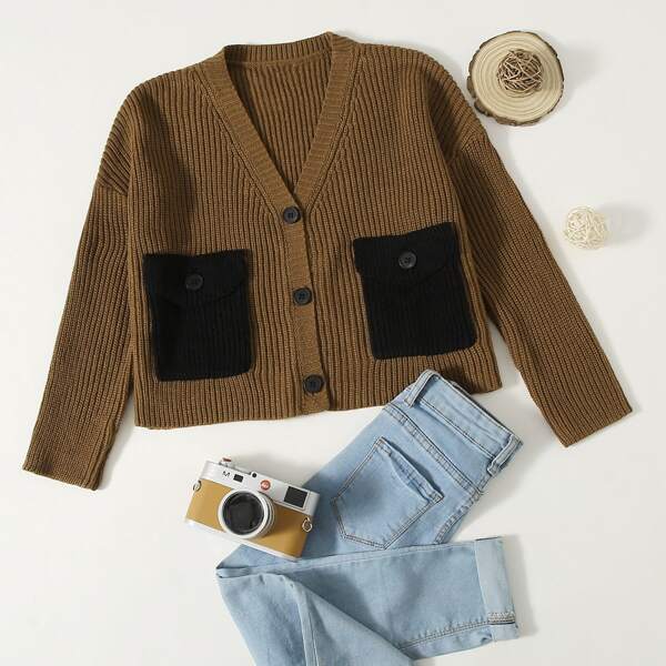

Girls Contrast Flap Pocket Patched Button Up Cardigan, Mocha brown
