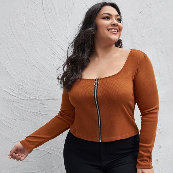 

Plus O-ring Zip Up Rib-knit Tee, Brown