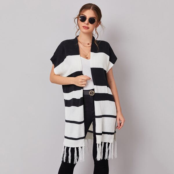 

Fringe Hem Colorblock Cardigan, Black and white