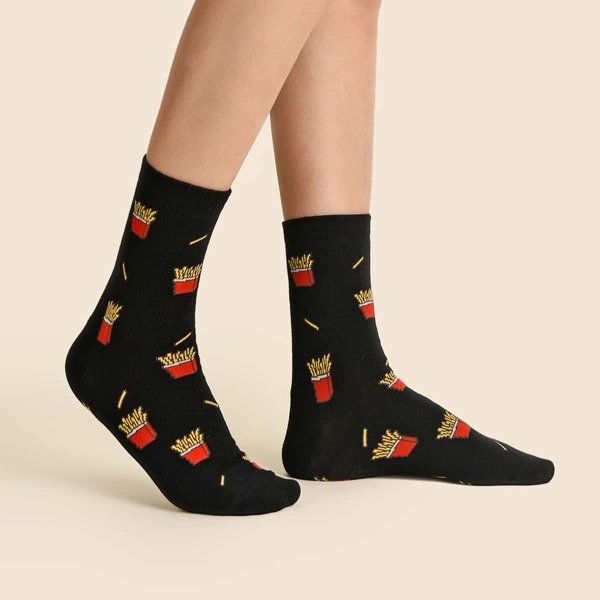 

Fries Print Crew Socks, Black