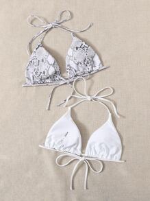 SHEIN Swim Curve 2件装加大码蛇皮印花三角比基尼上衣套装 - 白色 - 查看 2
