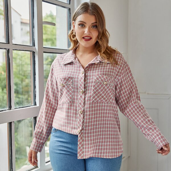 

Plus Double Pocket Plaid Blouse, Multicolor