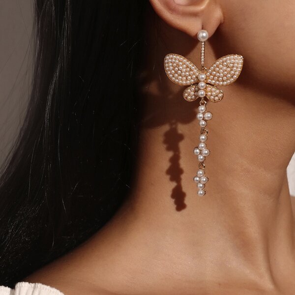 

Faux Pearl Butterfly Drop Earrings, White