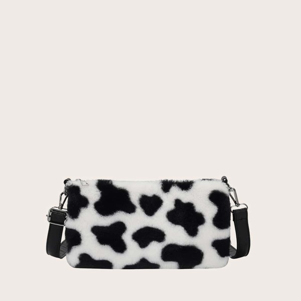 

Fluffy Cow Pattern Crossbody Bag, Black and white