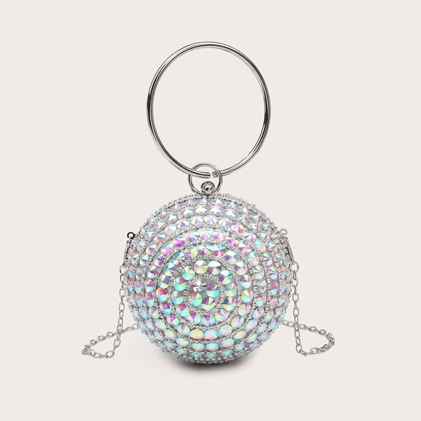 

Mini Rhinestone Round Clutch Bag, Silver