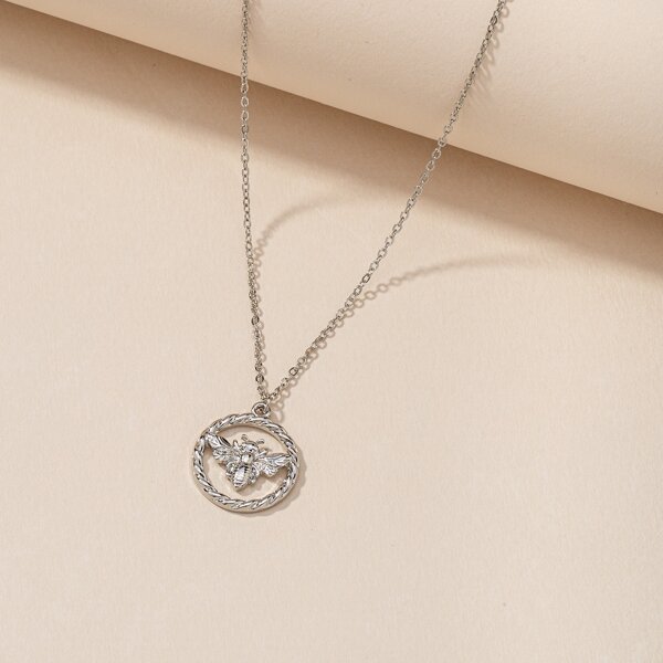

Bee Design Round Charm Necklace, Silver