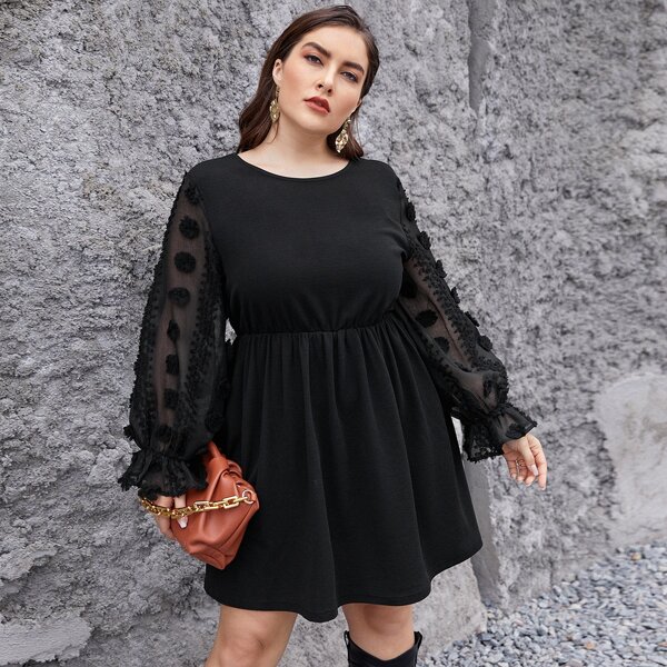 

Plus Swiss Dot Flounce Sleeve Dress, Black