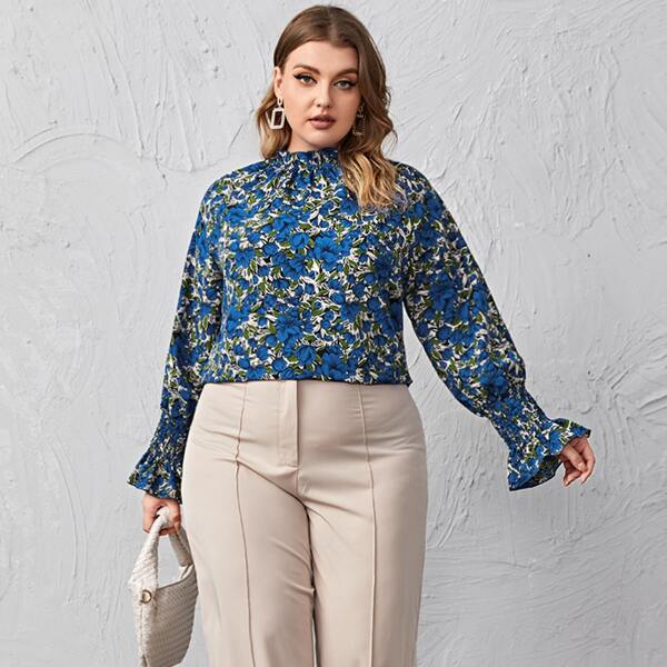 

Plus Flower Print Mock Neck Blouse, Multicolor