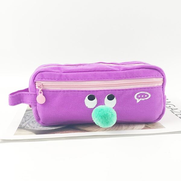 

Pom Pom Decor Cartoon Pencil Bag, Purple