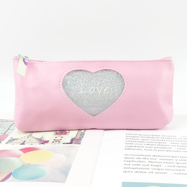 

Glitter Heart PU Pencil Case, Pink