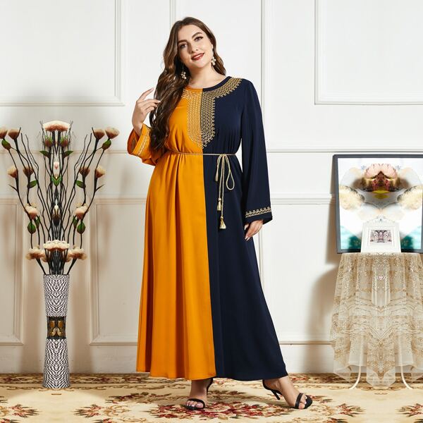 

Plus Two Tone Embroidery Belted Maxi Dress, Multicolor