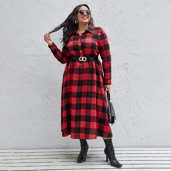 

Plus Button Front High Waist Buffalo Plaid Dress Without Belt, Multicolor