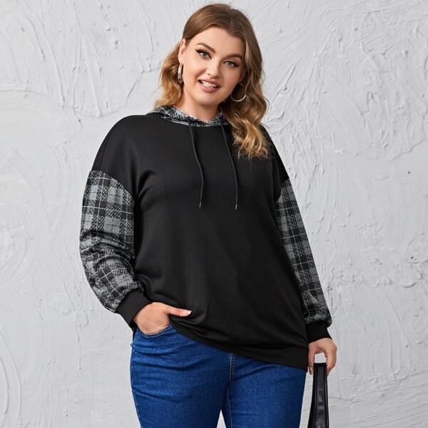 

Plus Contrast Plaid Drop Shoulder Hoodie, Black