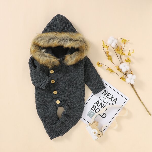 

Baby Girl Fuzzy Hooded Knit Jumpsuit, Dark grey