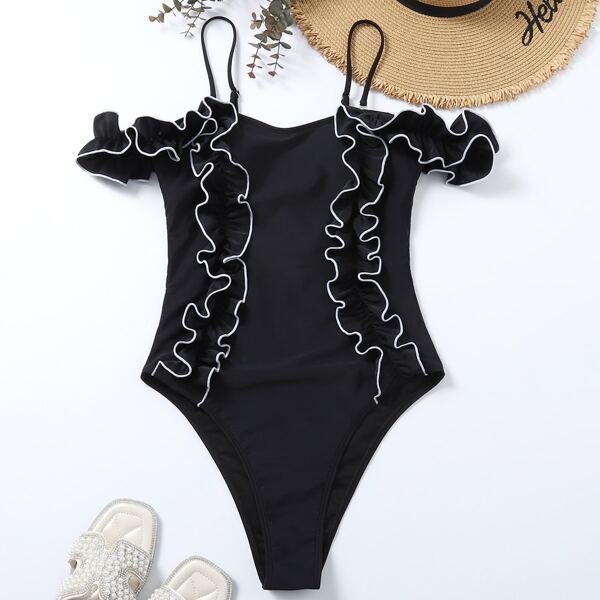 

Frill Trim One Piece Swimsuit, Black