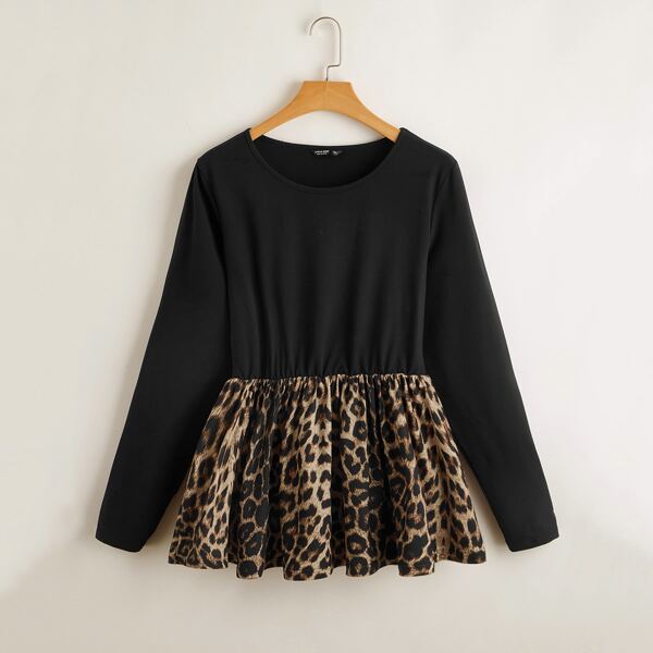 

Plus Contrast Leopard Panel Peplum Top, Multicolor