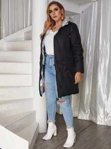 Astrid Plus Zip Up Quilted Hooded Padded Coat - Black - View 3