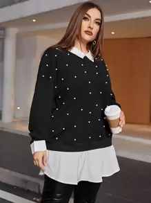 SHEIN Clasi Plus 2 In 1 Pearls Detail Drop Shoulder Sweatshirt - Black - View 1