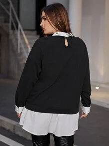 SHEIN Clasi Plus 2 In 1 Pearls Detail Drop Shoulder Sweatshirt - Black - View 2