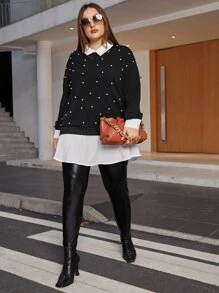 SHEIN Clasi Plus 2 In 1 Pearls Detail Drop Shoulder Sweatshirt - Black - View 3