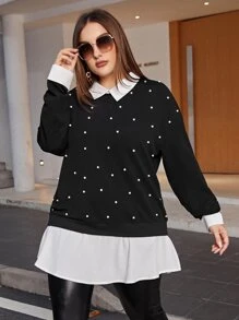 SHEIN Clasi Plus 2 In 1 Pearls Detail Drop Shoulder Sweatshirt - Black - View 5