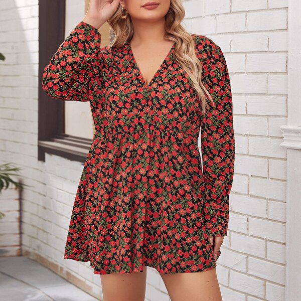 

Plus Surplice Neck Floral Print Smock Dress, Multicolor