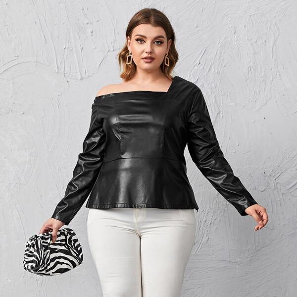 

Plus PU Asymmetrical Neck Ruffle Hem Top, Black