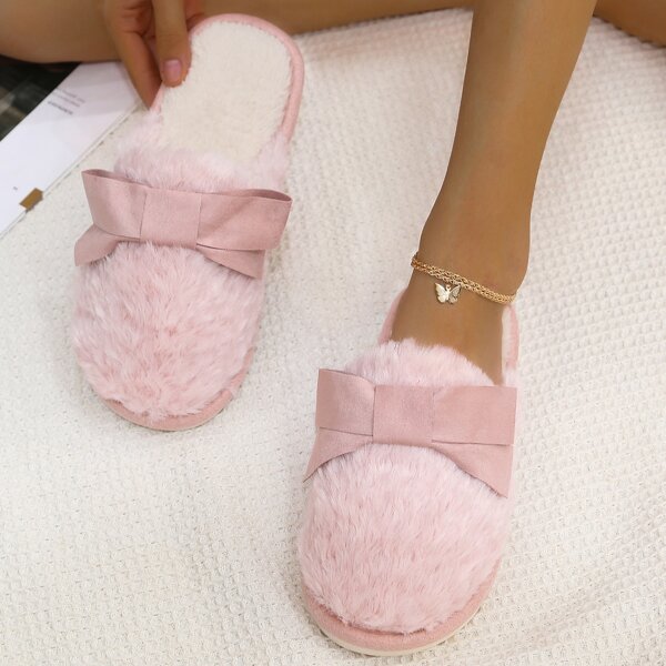 

Bow Decor Wide Fit Fluffy Slippers, Pink