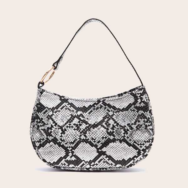 

Snakeskin Print Baguette Bag, Black and white