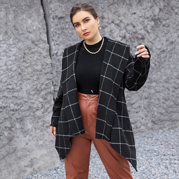 

Plus Waterfall Collar Asymmetrical Hem Grid Overcoat, Black